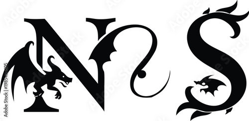NS letters with detailed black dragons, mythological beast illustration, ancient fantasy creature logo.
