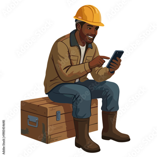 A man in a yellow hard hat sits on a crate looking at his phone.