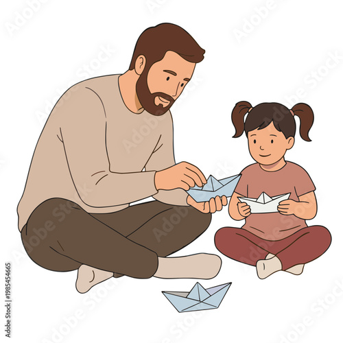 Father and daughter sitting on floor making paper boats together indoors