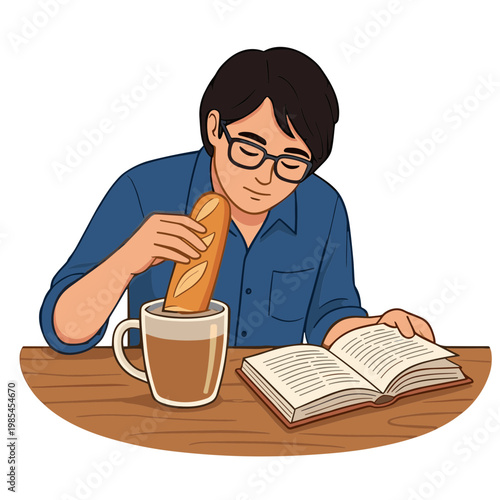 Man eating baguette while reading book at table with coffee