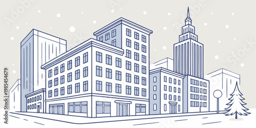 generic global city skyline in winter, flat vector illustration, buildings covered with snow