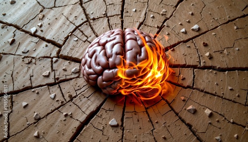 matchstick brain cracking apart with fire inside, conceptual burnout theme, glowing cracks, cinematic realism, no text