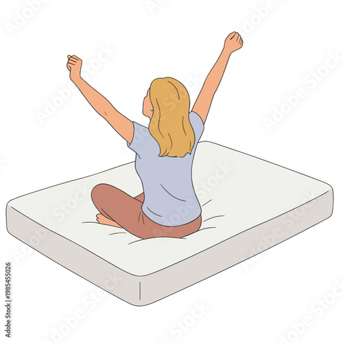 Woman Celebrates on Mattress with Arms Raised in Happiness and Joy
