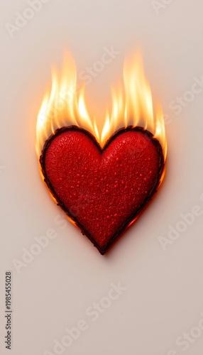 matchstick heart partially burning with flames, isolated on white background, clean edges, high detail, PNG style, no text