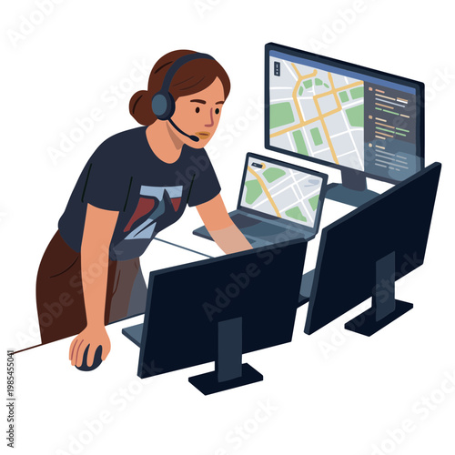 A woman wearing a headset works on multiple computer monitors displaying maps.