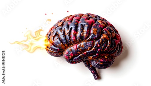 matchstick brain with fire effect, isolated white background, clean cutout, high resolution PNG, no text