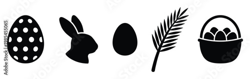 Diverse selection of iconic Easter symbols including decorated egg, bunny profile, oval egg, palm frond, and egg basket perfect for springtime holiday projects and celebratory designs