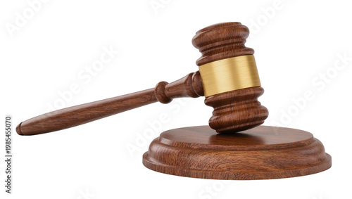 Konstfotografi Wooden gavel with brass band resting on wooden base