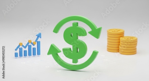 A green dollar sign with two arrows pointing in opposite directions, standing on a white background with a graph and a stack of coins in the background.