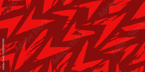 Abstract art features sharp red geometric shapes on white background