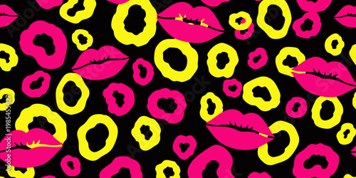 Vibrant leopard print design with pink lips on black background pattern