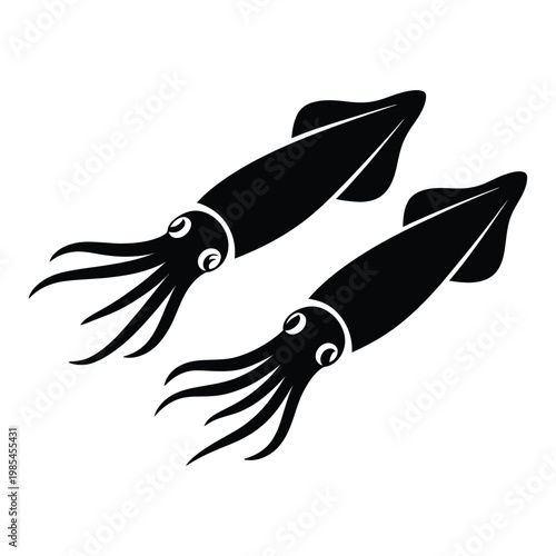 Pair of Squids Swimming Together in Deep Ocean Vector, Silhouette, Illustration