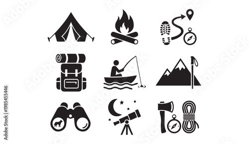 Outdoor adventure and camping icons set with backpacking outdoors adventure