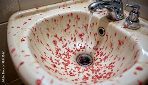 bathroom sink covered with invisible germs visualized as floating clusters, damp environment, soft lighting, educational hygiene concept, no text