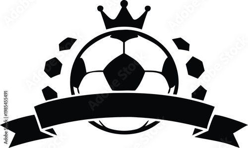 Soccer emblem with crown ball and ribbon trophy design element for sports tournament championship.