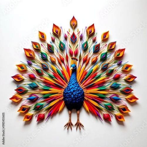 elegant peacock made of colorful matchsticks, feathers spread in symmetrical pattern, delicate arrangement, soft spotlight, artistic composition, clean background, ultra detailed, no text