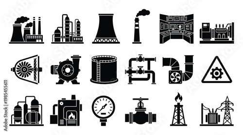 Comprehensive set of industrial and energy infrastructure icons representing factories power plants oil gas processing facilities and heavy manufacturing equipment for technological