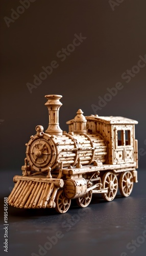 vintage steam train constructed from matchsticks, precise geometric structure, subtle burnt edges, soft warm lighting, minimal dark background, creative handmade art concept, high detail, no text