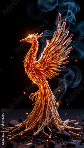 matchstick sculpture forming abstract phoenix, some sticks burning with small flames, sparks and smoke details, dramatic cinematic lighting, dark background, high contrast, no text