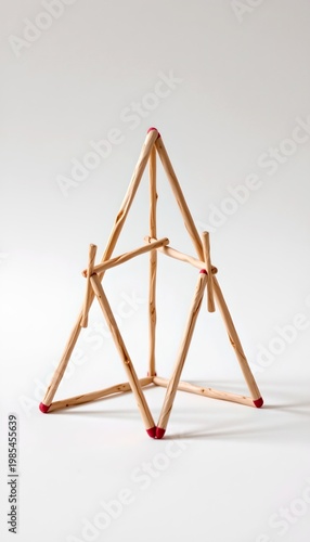minimalist geometric sculpture made of arranged matchsticks, clean structure, soft shadows, white or neutral background, modern art aesthetic, high resolution, no text