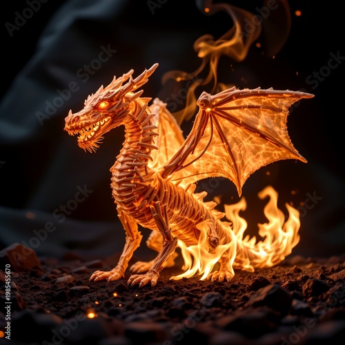 giant dragon made of matchsticks partially burning, flames spreading across body, glowing embers, dark cinematic background, ultra realistic, dramatic lighting, no text