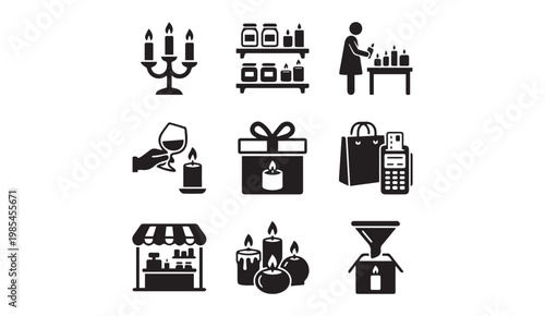 Candle shop and retail icons with boutique fragrance shopping terminal