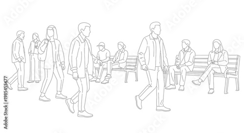 A detailed line drawing depicts people walking standing and sitting on benches in a park setting displaying a distinct silhouette high quality professional modern