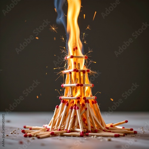 tower made of matchsticks collapsing while catching fire, sparks bursting outward, high speed capture feel, dramatic scene, no text