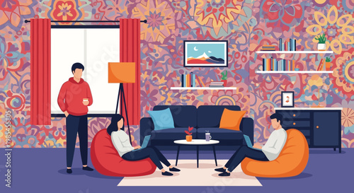 Friends Relaxing in a Modern Living Room with Beanbag Chairs.