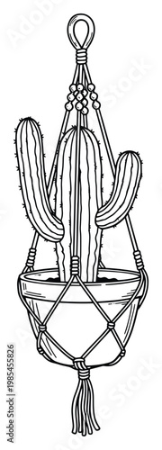 Simple hand drawn line sketch of a potted cactus in a decorative macrame plant hanger, perfect for adding a touch of botanical decor to home projects, printable crafts, or educational