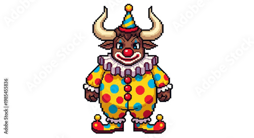 Funny Minotaur Clown Character Wearing Colorful Costume.