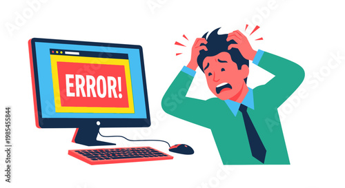 Frustrated Businessman Experiencing Computer Error and System Failure.