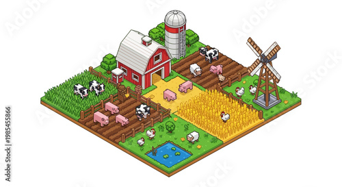 Isometric Farm Scene with Animals and Buildings.
