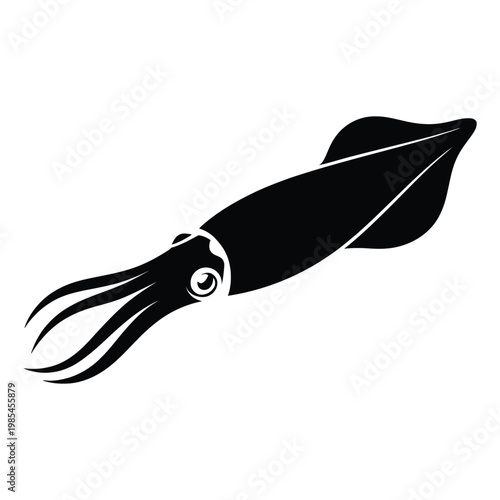 Squid Side View with Body and Fins Clearly Visible Vector, Silhouette, Illustration