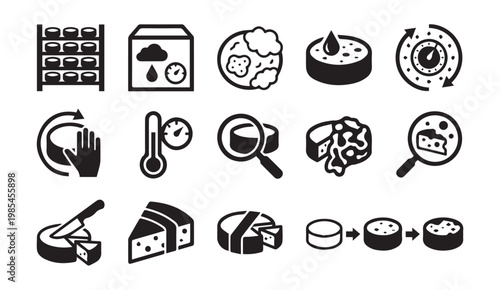 Cheese making process icons and ingredients with ingredients ripening humidity