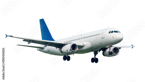 Bild auf Leinwand White passenger airplane with blue vertical stabilizer in flight