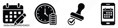 Set of essential business and productivity icons featuring calendar scheduling, time management with battery life, approval stamp, and mobile appointment planning for effective organization.