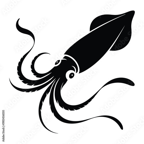 Squid Swimming with Tentacles Trailing Gracefully Vector, Silhouette, Illustration