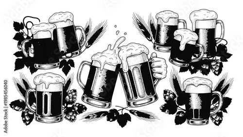 Black and white vintage woodcut style collection featuring traditional beer steins and mugs with frothy foam, hops, and wheat, perfect for brewery branding or Oktoberfest celebration