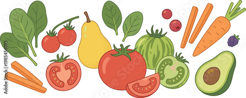 Fresh Fruits and Vegetables Including Tomatoes, Carrots, Avocados, and Pears Vector Illustration for Healthy Eating, Nutrition, and Organic Food Designs