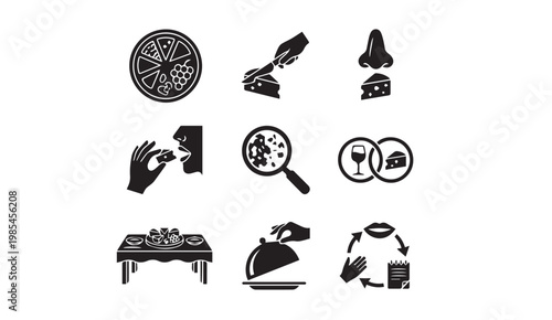 Food tasting process icons set with magnifying appetizer delicious digestive