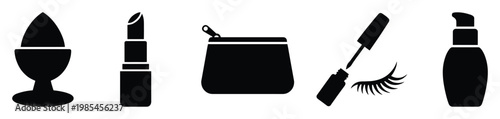 Vector silhouette icons representing essential cosmetic products and makeup accessories for daily beauty routines and personal care perfect for digital and print media projects
