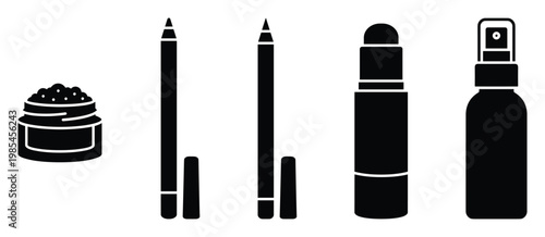 Monochromatic icons of various makeup and skincare essentials like cream jar, liners, solid stick, and mist spray bottle for modern digital assets and branding projects.