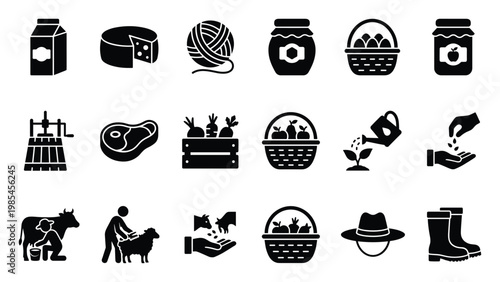 Collection of agriculture and farm production black glyph icons illustrating rural life, harvesting, and livestock care for food and craft industry designs