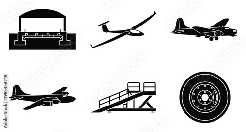 Versatile aviation icons including a hangar, glider, propeller planes, passenger stairs, and aircraft wheel, ideal for transportation graphic design, educational resources, and app