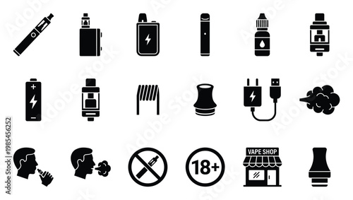 Comprehensive collection of vape device icons and related symbols essential for digital applications, informational graphics, or shop signage