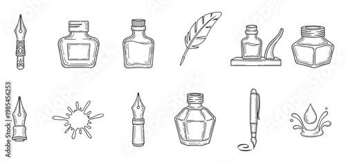 Hand drawn vintage writing tools collection featuring fountain pen nibs, antique ink bottles, a quill pen, and ink splatters, ideal for historical document themes and stationery projects.
