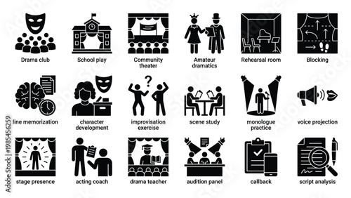 Black glyph icons representing drama and acting activities like rehearsals, improvisation, character development, and auditions, ideal for educational resources and theatrical design.