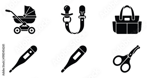 Essential baby care items including a stroller, pacifier with clip, diaper bag, digital thermometers, and safety scissors for parenting applications and health guides.