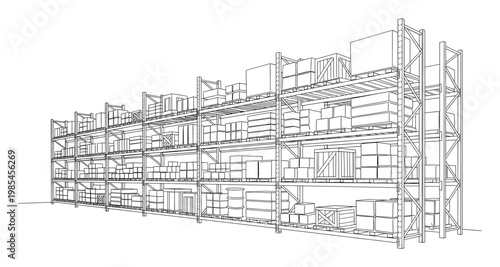 Comprehensive warehouse racking system filled with diverse goods and inventory showing detailed storage solutions perfect for illustrating logistics operations and supply chain management